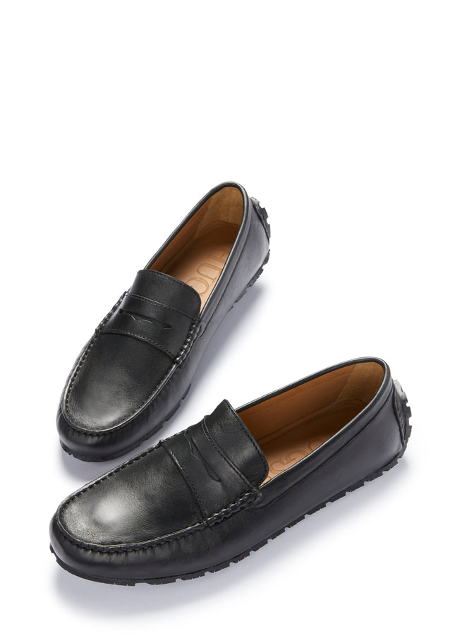 Tyre Sole Penny Driving Loafers, Black Leather