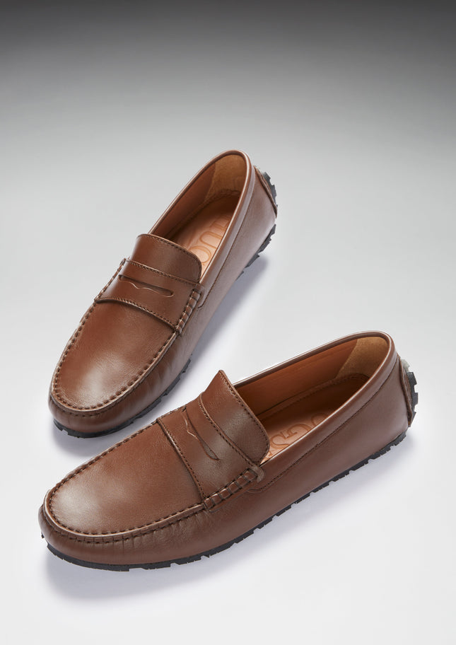 Tyre Sole Penny Driving Loafers, Brown Leather