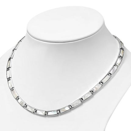 Mother of Pearl Rectangular Links Silver Necklace