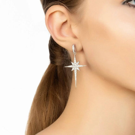 North Star Burst Large Drop Earrings Silver