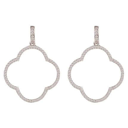 Open Clover Large Drop Earrings White Cz Silver