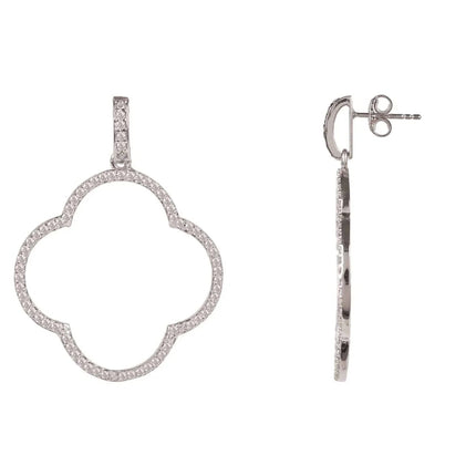 Open Clover Large Drop Earrings White Cz Silver