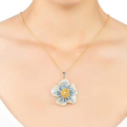 Pansy Flower Blue Necklace Gold
