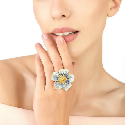 Pansy Flower Blue Ring Gold