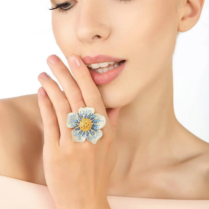 Pansy Flower Blue Ring Gold