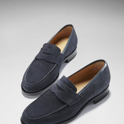 Navy Blue Suede Loafers, Welted Leather Sole