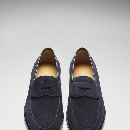 Navy Blue Suede Loafers, Welted Leather Sole