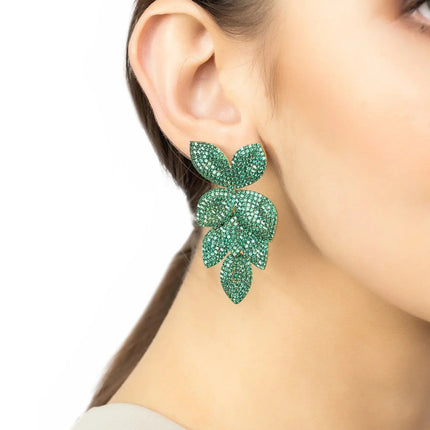 Petal Cascading Flower Earrings Gold Emerald Green