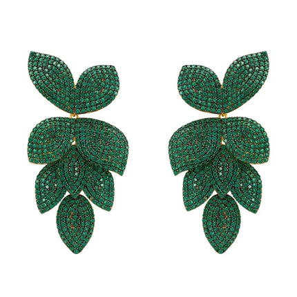 Petal Cascading Flower Earrings Gold Emerald Green