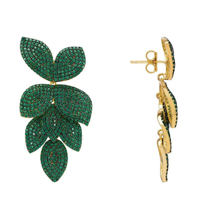 Petal Cascading Flower Earrings Gold Emerald Green
