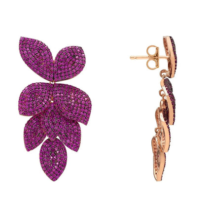 Petal Cascading Flower Earrings Rosegold Ruby Cz