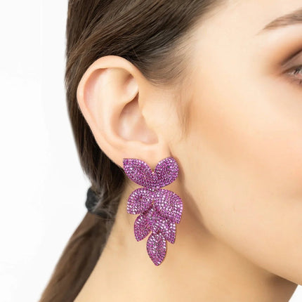 Petal Cascading Flower Earrings Rosegold Ruby Cz