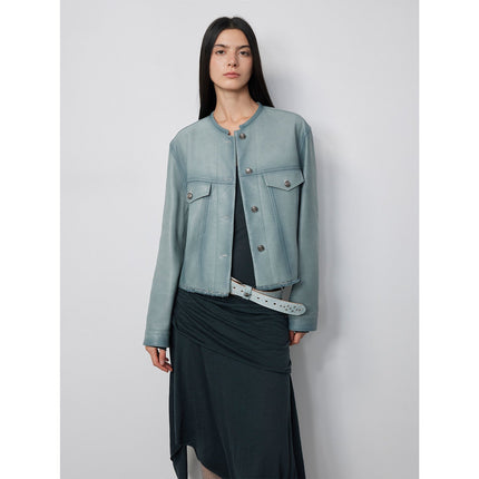 Retro Suede Sheep Leather Short Jacket With Structured Shoulders and Round Neck, Genuine Leather Outerwear "Sunset Escap