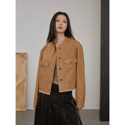Retro Suede Sheep Leather Short Jacket With Structured Shoulders and Round Neck, Genuine Leather Outerwear "Sunset Escap