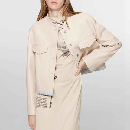 Retro Suede Sheep Leather Short Jacket With Structured Shoulders and Round Neck, Genuine Leather Outerwear "Sunset Escap