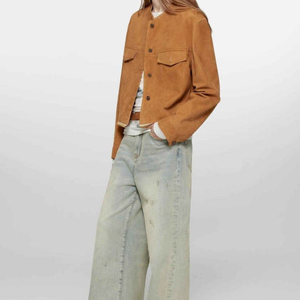 Retro Suede Sheep Leather Short Jacket With Structured Shoulders and Round Neck, Genuine Leather Outerwear "Sunset Escap