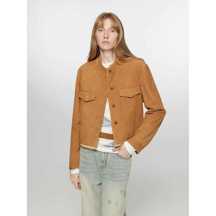Retro Suede Sheep Leather Short Jacket With Structured Shoulders and Round Neck, Genuine Leather Outerwear "Sunset Escap