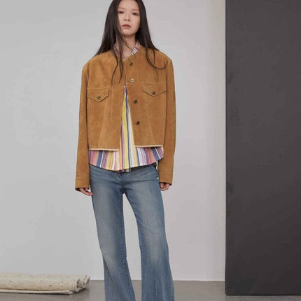 Retro Suede Sheep Leather Short Jacket With Structured Shoulders and Round Neck, Genuine Leather Outerwear "Sunset Escap