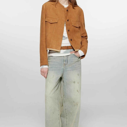 Retro Suede Sheep Leather Short Jacket With Structured Shoulders and Round Neck, Genuine Leather Outerwear "Sunset Escap
