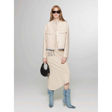 Retro Suede Sheep Leather Short Jacket With Structured Shoulders and Round Neck, Genuine Leather Outerwear "Sunset Escap