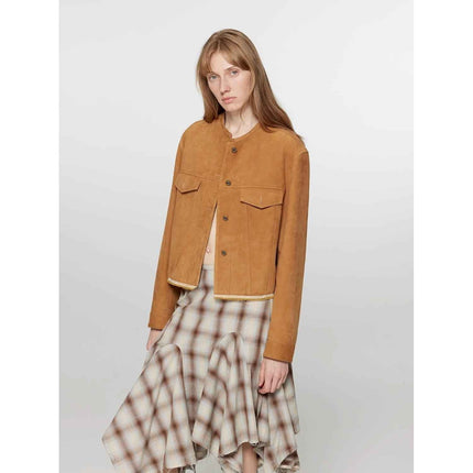 Retro Suede Sheep Leather Short Jacket With Structured Shoulders and Round Neck, Genuine Leather Outerwear "Sunset Escap