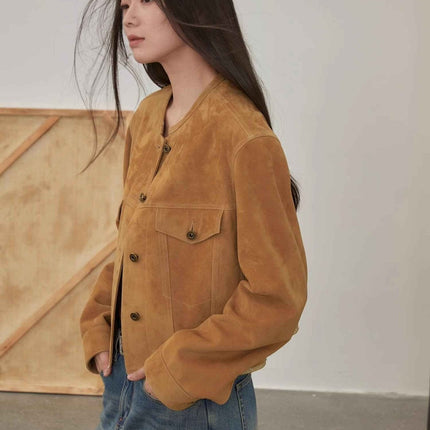 Retro Suede Sheep Leather Short Jacket With Structured Shoulders and Round Neck, Genuine Leather Outerwear "Sunset Escap
