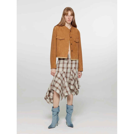 Retro Suede Sheep Leather Short Jacket With Structured Shoulders and Round Neck, Genuine Leather Outerwear "Sunset Escap