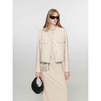 Retro Suede Sheep Leather Short Jacket With Structured Shoulders and Round Neck, Genuine Leather Outerwear "Sunset Escap