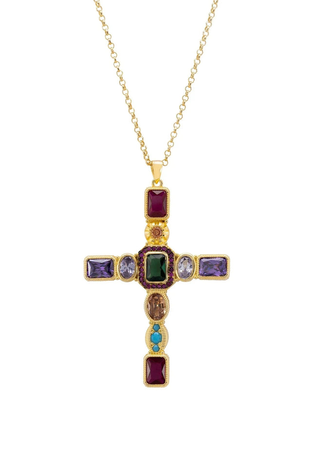 Maria Extra Large Gemstone Fashion Pendant Gold (Cross)