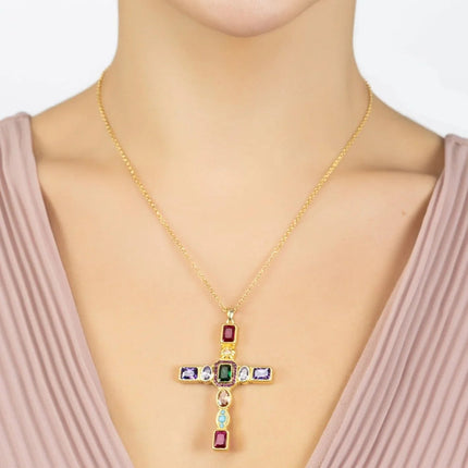 Maria Extra Large Gemstone Fashion Pendant Gold (Cross)
