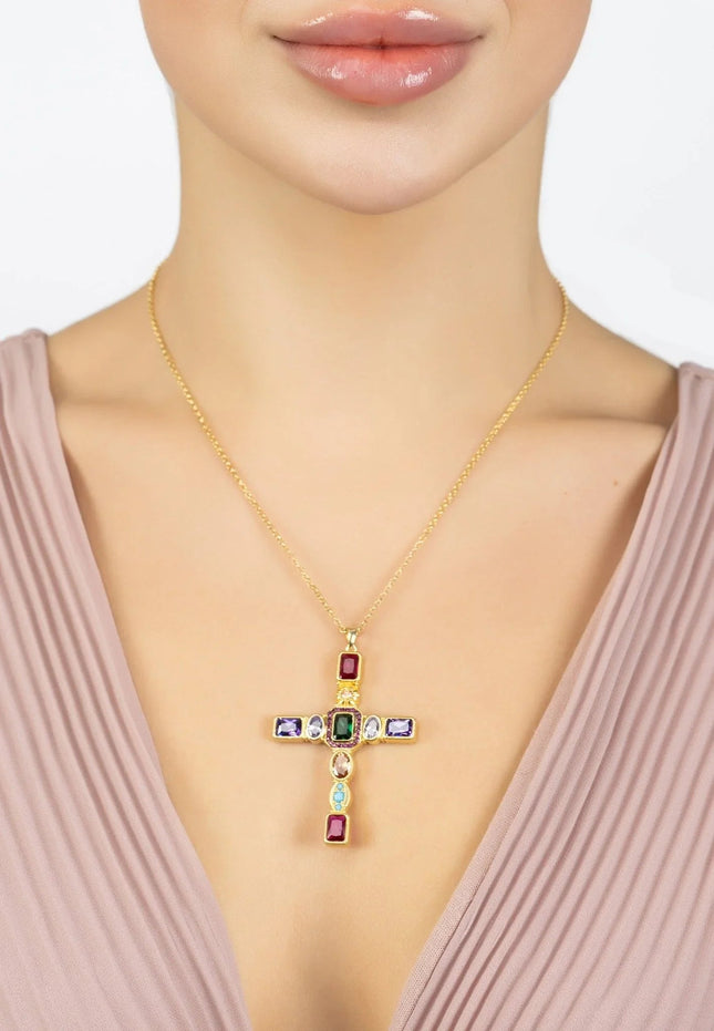 Maria Extra Large Gemstone Fashion Pendant Gold (Cross)