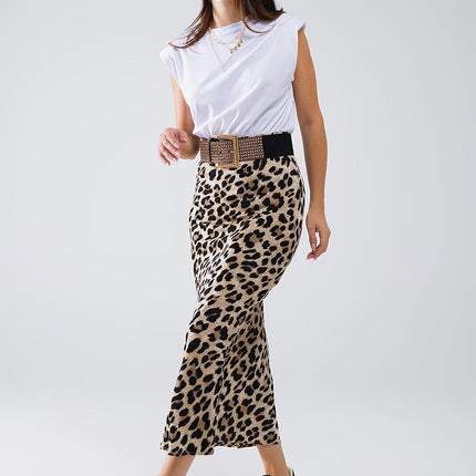 Satin-Finish Contrast Midi Dress in Leopard Print