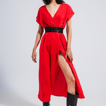 Short Sleeve Satin Maxi Dress in Red