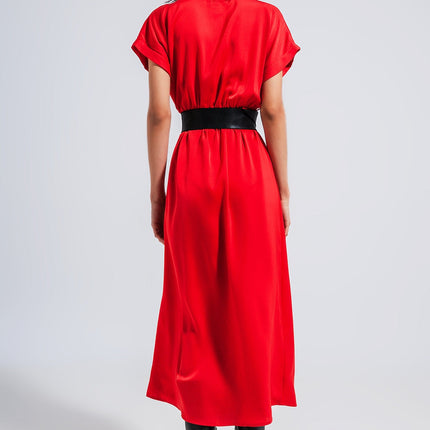 Short Sleeve Satin Maxi Dress in Red