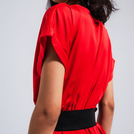 Short Sleeve Satin Maxi Dress in Red