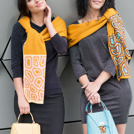 TATI BODUCH Designer Handbag, AGATE Mini Collection, Genuine Leather: Mustard, Knitwear: Turquoise