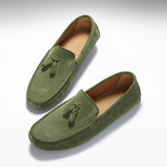 Tasselled Driving Loafers, Safari Green Suede