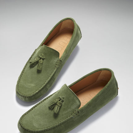 Tasselled Driving Loafers, Safari Green Suede
