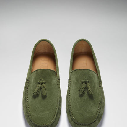 Tasselled Driving Loafers, Safari Green Suede