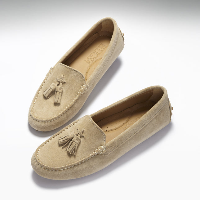 Women's Tasselled Driving Loafers, Taupe Suede