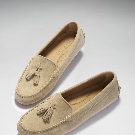 Women's Tasselled Driving Loafers, Taupe Suede
