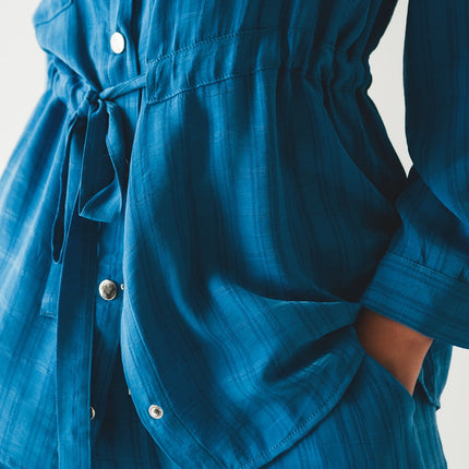 Tie Waist Long Sleeve Shirt in Blue