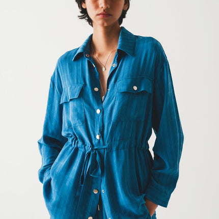 Tie Waist Long Sleeve Shirt in Blue