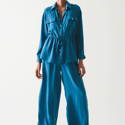 Tie Waist Long Sleeve Shirt in Blue