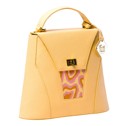 TATI BODUCH Designer Handbag, AGATE Collection, Genuine Leather: Yellow, Knitwear: Pink