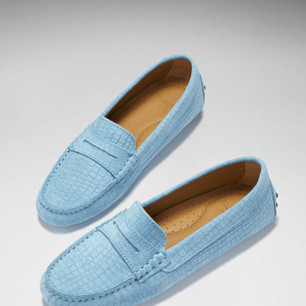 Women's Penny Driving Loafers, Blue Embossed Suede