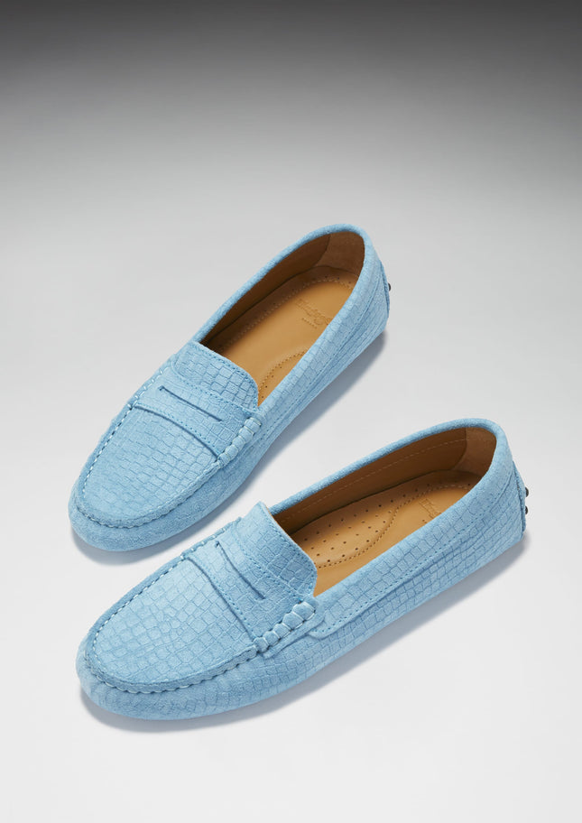 Women's Penny Driving Loafers, Blue Embossed Suede