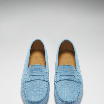 Women's Penny Driving Loafers, Blue Embossed Suede