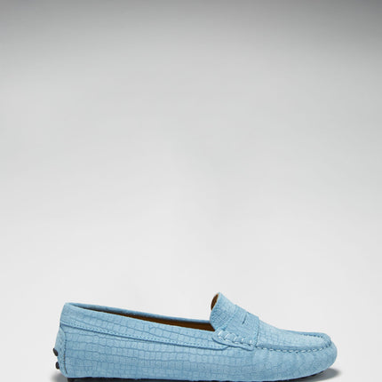 Women's Penny Driving Loafers, Blue Embossed Suede