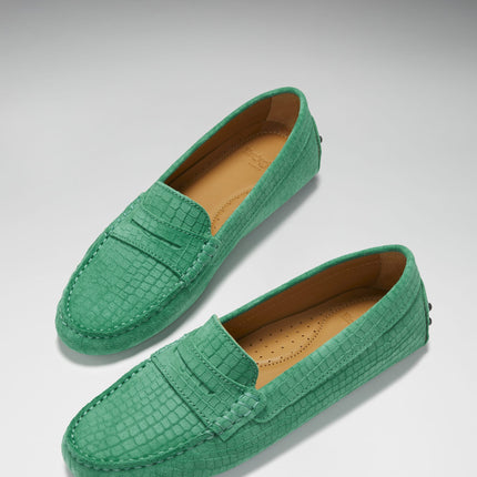 Women's Penny Driving Loafers, Emerald Embossed Suede